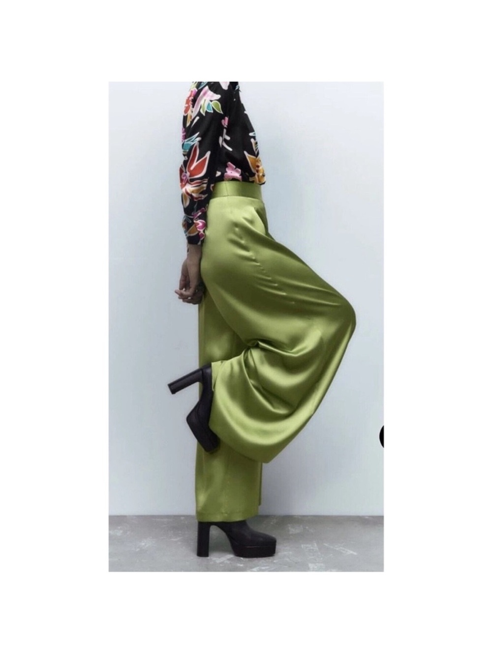 Zara Satin Wide-Leg Pants in Lime Green Size Medium